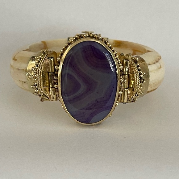 Antique style purple banded agate ox bone brass chunky hinged bangle bracelet - Picture 6 of 11